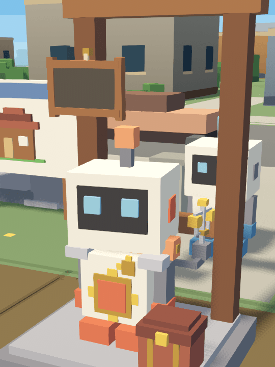 The robot friend standing upright in its cradle with four parts fitted: a heart plate, a valve arm and a carry box.