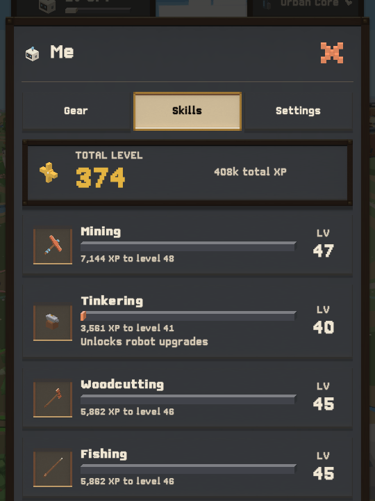 The skills sheet: total level 374, with Mining at 47 and Tinkering at 40.